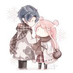  1boy 1girl adjusting_another's_clothes aeon_(shining_nikki) animal_print bag bear_print black_pants black_socks blue_hair brown_bag brown_scarf character_name chibi chinese_commentary coat commentary_request double_bun eye_contact flower grey_shoes hair_bun hair_flower hair_ornament hairclip heart heart_print height_difference interruption_(echo-023) kneehighs long_hair long_sidelocks long_sleeves looking_at_another medium_skirt messy_hair nikki_(nikki) nikki_(series) open_clothes open_coat pants parallel_hairclips paw_print paw_print_pattern pink_hair plaid_clothes plaid_scarf plaid_skirt print_coat puffy_long_sleeves puffy_sleeves red_shoes red_skirt scarf shadow shining_nikki shoes short_hair shoulder_bag sidelocks signature skirt sleeves_past_wrists snowflakes socks standing striped_clothes striped_socks very_long_hair wavy_hair white_background white_coat white_flower winter_clothes winter_coat 