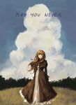  1girl :d absurdres blue_sky brown_dress brown_eyes brown_hair catherine_(project_moon) cloud cloudy_sky cumulonimbus_cloud day dress english_text floral_print floral_print_dress frilled_dress frills grass highres juliet_sleeves lattescribbles limbus_company long_dress long_hair long_sleeves looking_at_viewer open_mouth outdoors print_dress project_moon puffy_sleeves sky smile solo standing wind 