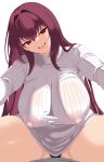  1boy 1girl absurdres black_panties blush breasts commentary covered_nipples english_commentary fate/grand_order fate_(series) girl_on_top hair_intakes highres huge_breasts large_breasts long_hair long_sleeves looking_at_viewer onli720 open_mouth panties pov purple_hair red_eyes ribbed_sweater scathach_(fate) scathach_(loungewear_mode)_(fate) sitting sitting_on_person smile spread_legs straddling sweater thighs turtleneck turtleneck_sweater underwear white_sweater 