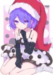 1girl adapted_costume black_dress black_gloves blush closed_mouth commentary doremy_sweet dress elbow_gloves gloves hat highres looking_at_viewer medium_hair nightcap pom_pom_(clothes) purple_eyes purple_hair red_hat sitting sleeveless sleeveless_dress smile socks solo tail tapir_tail tomoe_(fdhs5855) touhou two-tone_dress wariza white_dress white_gloves white_socks 