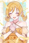  1girl :d ^_^ bare_shoulders blonde_hair blurry blurry_foreground blush border braid character_name chocomint_1031 closed_eyes collarbone commentary criss-cross_halter daiba_nana detached_sleeves dress facing_viewer frilled_wrist_cuffs frills gradient_background halter_dress halterneck hand_on_own_chest hands_up happy_birthday highres looking_at_viewer low_twin_braids low_twintails official_alternate_costume official_alternate_hairstyle open_mouth orange_dress outside_border own_hands_together pearl_hairband puffy_detached_sleeves puffy_sleeves ribbon see-through_clothes see-through_sleeves short_hair short_twintails shoujo_kageki_revue_starlight smile solo star_(symbol) twin_braids twintails twitter_username upper_body white_border wrist_cuffs yellow_ribbon 