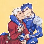  archer bad_id bad_pixiv_id blue_hair blush bodysuit coat fate/stay_night fate_(series) frown grey_eyes grin koraku_gekki lancer long_hair male_focus multiple_boys ponytail red_eyes smile white_hair yellow_background 