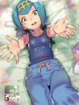  1girl blue_eyes blue_hair blue_one-piece_swimsuit blue_pants breasts commentary_request hugging_viewer lana_(pokemon) looking_at_viewer lying on_back one-piece_swimsuit open_mouth outstretched_arms pants pokemon pokemon_sun_and_moon small_breasts smile solo soon_(c-u-soon) swimsuit swimsuit_under_clothes 