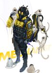  1boy animal_ears animal_on_shoulder arknights black_pants black_shoes character_name english_commentary giraffe_boy giraffe_ears giraffe_horns highres horns jacket male_focus mask mechanist_(arknights) monkey pants s11puha shoes white_background yellow_jacket 