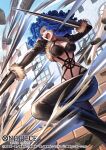  1girl black_pants blue_hair breasts cleavage commentary_request copyright_logo copyright_name copyright_notice cropped_jacket curly_hair devil_fruit_power feet_out_of_frame fighting_stance fur-trimmed_jacket fur_trim jacket large_breasts logo long_hair o-ring official_art one_piece one_piece_card_game open_mouth pants paula_(one_piece) pink_lips rokushiro_koushi solo 