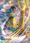  1boy bisaiiiii black_hair coat coat_on_shoulders commentary_request copyright_logo copyright_name copyright_notice devil_fruit_power epaulettes feet_out_of_frame fighting_stance from_side hand_in_pocket kizaru_(one_piece) leg_up logo male_focus official_art one_piece one_piece_card_game pants parted_lips profile short_hair sideburns solo suit sunglasses vertical-striped_suit white_coat yellow_pants yellow_suit 