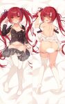  1girl areola_slip arm_at_side ass ass_visible_through_thighs back bare_shoulders bed_sheet black_bra black_panties black_shirt blush bra breasts clothes_pull collared_shirt comiket_103 commentary_request dakimakura_(medium) embarrassed eyes_visible_through_hair frilled_skirt frills from_above frown full_body grey_skirt groin hair_between_eyes hair_ribbon hair_spread_out hand_up highres kagurazaka_(zwyz7227) kneepits long_hair long_sleeves looking_at_viewer looking_back lying miniskirt multi-strapped_panties multiple_views no_shoes nora_to_oujo_to_noraneko_heart on_back on_stomach open_bra open_mouth panties panty_pull pink_panties pleated_skirt pulling_own_clothes purple_ribbon red_hair ribbon sample_watermark school_uniform shirt shirt_pull shoulder_blades sidelocks skindentation skirt small_breasts soles sweat takada_nobuchina thigh_gap thighhighs thighs twintails underwear v-shaped_eyebrows very_long_hair watermark white_shirt white_thighhighs yellow_eyes 