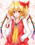  alternate_costume bad_id bad_pixiv_id blush bow candy collarbone flandre_scarlet food hair_bow hand_in_pocket highres hood hoodie karamoneeze lollipop long_sleeves looking_at_viewer musical_note pink_eyes shirt side_ponytail smile solo tongue tongue_out touhou wings 