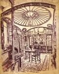  bookshelf chair chandelier commentary_request derivative_work door fireplace highres hrk0117 indoors lineart no_humans original painting_(object) pen_(medium) photo-referenced plant potted_plant rug scenery sepia skylight stained_glass table traditional_media window 