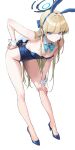  1girl alternate_breast_size_(smaller) animal_ears ankle bare_shoulders bent_over blonde_hair blue_archive blue_bow blue_bowtie blue_eyes blue_leotard bow bowtie breasts chinese_commentary cleavage commentary_request fake_animal_ears fake_tail full_body halo hand_on_own_hip hand_on_own_knee high_heels highres legs leotard long_hair looking_at_viewer official_alternate_costume playboy_bunny rabbit_ears rabbit_tail revision shiliu_xian_xian_xian simple_background small_breasts solo tail toe_cleavage toki_(blue_archive) toki_(bunny)_(blue_archive) very_long_hair white_background wrist_cuffs 