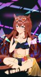  1girl absurdres animal_ears bare_shoulders bikini black_bikini blue_eyes blush breasts brown-tinted_eyewear brown_hair chain cleavage closed_mouth eyewear_on_head gold_chain hair_between_eyes heart heart-shaped_eyewear highres horse_ears horse_girl horse_tail ieatgar jewelry large_breasts long_hair looking_at_viewer maruzensky_(hot_summer_night)_(umamusume) maruzensky_(umamusume) navel official_alternate_costume orange-tinted_eyewear ruffle_bikini sandals sitting smile solo stomach sunglasses swimsuit tail tinted_eyewear umamusume white-framed_eyewear 
