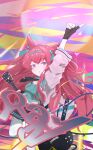  1girl animal_ears arknights black_gloves black_necktie black_skirt blue_hairband blue_ribbon blue_shirt blue_trim breasts character_name colorful_background commentary_request electric_guitar english_text fingerless_gloves gibson_sg gloves guitar hair_ribbon hairband highres holding holding_guitar holding_instrument instrument jacket long_hair medium_breasts necktie official_alternate_costume open_clothes open_jacket parted_lips pointing pointing_up rabbit_ears rabbit_girl ray_(arknights) ray_(dreaming_high)_(arknights) red_hair ribbon rino_jpg shirt sidelocks skirt solo torn_clothes torn_jacket white_jacket 