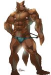  anthro biceps big_muscles black_nose brown brown_fur canine dog fur male mammal muscles nutsumes_(pixiv) pecs piercing plain_background pose solo speedo swimsuit topless trunks underwear white_background 