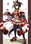  1girl ahoge animal_ears black_hair black_sleeves black_thighhighs commentary_request detached_sleeves dress egasumi hair_ornament highres horse_ears horse_girl horse_tail japanese_clothes kitasan_black_(gilded_shrine_to_glory)_(umamusume) kitasan_black_(umamusume) looking_at_viewer multicolored_hair orange_dress orange_sandals petals pillarboxed red_eyes rope sandals shimenawa short_hair sleeveless sleeveless_dress solo streaked_hair tail thighhighs tom_q_(tomtoq) umamusume white_streaks wind 