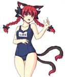  animal_ears bow braid cat_ears cat_tail extra_ears hair_bow isaki_(gomi) kaenbyou_rin long_hair multiple_tails name_tag one-piece_swimsuit open_mouth pointy_ears red_eyes red_hair ribbon school_swimsuit simple_background solo swimsuit tail touhou twin_braids twintails white_background 