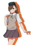  1girl absurdres asymmetrical_bangs brown_eyes brown_hair brown_sweater_vest collared_shirt commentary crossed_bangs goggles goggles_on_head grey_skirt hand_up head-mounted_display highres looking_at_viewer medium_hair miniskirt misaka_imouto night_vision_device pleated_skirt school_emblem school_uniform shirt short_sleeves skirt solo summer_uniform sweater_vest ten_8810 toaru_kagaku_no_railgun toaru_majutsu_no_index tokiwadai_school_uniform v-neck white_background white_shirt 