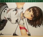  1girl alternate_color arm_ribbon artist_name blunt_bangs braid breasts brown_eyes brown_hair chain checkered_clothes checkered_skirt choker closed_mouth crown_braid earrings jewelry key_earrings lips looking_at_viewer medium_breasts niijima_makoto official_alternate_costume omar_dogan padlocked_choker persona persona_5 persona_5:_dancing_star_night persona_dancing photo_(medium) pink_lips pleated_skirt red_eyes red_ribbon ribbon shirt short_hair short_sleeves signature skirt solo spiked_belt spiked_choker spikes torn_clothes torn_shirt traditional_media upper_body white_shirt 
