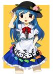  1girl apron back_bow black_hat blue_bow blue_hair blush border bow bowtie commentary frilled_skirt frills fruit_hat_ornament hand_on_headwear hand_on_own_hip hat hat_ornament highres hinanawi_tenshi leaf_hat_ornament long_hair looking_at_viewer open_mouth outside_border peach_hat_ornament puffy_short_sleeves puffy_sleeves red_bow red_bowtie red_eyes shirt short_sleeves skirt smile solo touhou very_long_hair waist_apron white_apron white_border white_shirt yamadainari yellow_background 