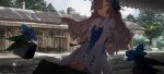  1girl :o anemos_(kamitsubaki_studio) blue_dress blue_flower blue_hair blunt_bangs breasts briefcase cleavage_cutout clothing_cutout commentary dress familiar flower gradient_clothes gradient_dress grey_eyes grey_hair hair_flower hair_ornament hair_over_one_eye highres holding holding_briefcase isekaijoucho kamitsubaki_studio long_hair long_sleeves looking_at_another multicolored_hair o-ring one_eye_covered outdoors puffy_long_sleeves puffy_sleeves shrug_(clothing) sidelocks sleepwalker_(1219954168) small_breasts train_station two-tone_dress untranslatable_commentary white_dress white_shrug zipper zipper_pull_tab 