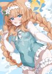  1girl absurdres animal_ear_fluff animal_ears blue_archive blue_eyes blue_one-piece_swimsuit blush braid breasts cat_ears cat_girl commentary flower frilled_one-piece_swimsuit frills hair_flower hair_ornament hairband halo highres long_hair looking_at_viewer mamiya076 mari_(blue_archive) mari_(swimsuit)_(blue_archive) official_alternate_costume official_alternate_hairstyle one-piece_swimsuit open_mouth see-through_clothes see-through_sleeves small_breasts solo swimsuit twin_braids very_long_hair white_flower white_hairband yellow_halo 