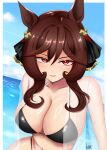  1girl absurdres amida_(tomato_pasta) animal_ears bikini bikini_under_clothes black_bikini blue_sky border breasts bright_pupils brown_hair commentary_request day dutch_angle full_cleavage gentildonna_(umamusume) hair_between_eyes hair_ornament highres horse_ears large_breasts leaning_forward light_smile looking_at_viewer navel ocean open_clothes open_shirt outdoors outside_border parted_lips red_eyes see-through_clothes see-through_shirt shiny_skin shirt sky solo stomach swimsuit twisted_torso umamusume water white_border white_pupils 