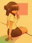  1girl breasts brown_hair candy commentary deltarune food genderswap genderswap_(otf) holding holding_candy holding_food holding_lollipop kris_(deltarune) lanbung_0809 lollipop looking_at_viewer miniskirt multicolored_squares_background pencil_skirt ponytail shaded_face shirt short_hair short_sleeves simple_background sitting skirt skirt_suit solo suit tongue tongue_out utdr_(toby_fox) 