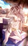  1girl absurdres adjusting_eyewear alternate_costume animal_ears arknights arm_support artist_name bare_shoulders bikini black_bikini blue_sky box breasts breasts_apart building commentary day english_commentary eyewear_on_head foot_out_of_frame grey_eyes grey_hair hair_between_eyes hand_up highres jewelry lappland_(arknights) leaning_on_object long_hair looking_at_viewer lvstre material_growth medium_breasts missing_tail multicolored_bikini navel necklace oripathy_lesion_(arknights) outdoors sand scar scar_across_eye scar_on_face sharp_teeth sky solo sunglasses swimsuit teeth two-tone_bikini wolf_ears wolf_girl yellow_bikini 