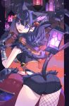 1girl absurdres alternate_costume animal_ears back bandages black_hair black_shorts blue_hair cat_ears cat_tail chocolate claws commentary_request fang fishnet_pantyhose fishnets food food-themed_hair_ornament fur_trim hair_ornament halloween halloween_costume highres holding holding_chocolate holding_food holding_lantern kuuron_(moesann17) lantern looking_at_viewer looking_back makeup multicolored_hair nelle_(p&amp;d) night open_mouth pantyhose pumpkin pumpkin_hair_ornament purple_eyes puzzle_&amp;_dragons shorts single_leg_pantyhose solo star_on_cheek tail tail_grab twintails 