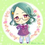  1girl :o blush brown_shoes chibi commentary_request doily dress flower forehead full_body glasses green_background green_hair grey-framed_eyewear hair_ornament juliet_sleeves kaneda_rei kou_hiyoyo long_hair long_sleeves meitantei_precure! over-kneehighs parted_bangs parted_lips pink_flower pink_rose precure puffy_sleeves purple_dress purple_flower purple_shirt rose sailor_collar semi-rimless_eyewear shirt shoes solo standing star_(symbol) thighhighs twitter_username under-rim_eyewear white_flower white_sailor_collar white_thighhighs 