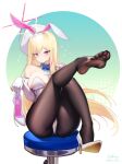  absurdres alternate_costume animal_ears beret blonde_hair blonde_student_council_president_(blue_archive) blue_archive breasts commentary_request detached_collar elbow_gloves fake_animal_ears gloves halo hat high_heels highleg highleg_leotard highres holding_unworn_shoes kkkweenie leotard long_hair medal multicolored_hair multicolored_halo pantyhose playboy_bunny rabbit_ears red_halo red_skirt sitting skirt soles strapless strapless_leotard streaked_hair toes two-tone_halo white_halo white_hat 