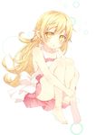  :o bakemonogatari barefoot blonde_hair blush dress kouji_(campus_life) leg_hug long_hair monogatari_(series) oshino_shinobu sitting solo yellow_eyes 