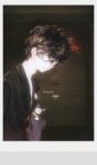  1boy absurdres amamiya_ren bag black-framed_eyewear black_bag black_hair black_jacket buttons cat chidian_chidian chinese_commentary chromatic_aberration closed_mouth commentary_request film_grain glasses highres jacket lapels male_focus morgana_(cat)_(persona_5) morgana_(persona_5) notched_lapels persona persona_5 sweater turtleneck turtleneck_sweater upper_body watermark white_eyes white_sweater 