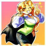  1girl black_cape black_skirt blonde_hair breasts cape cleavage closed_eyes collared_shirt colored_skin commentary cowboy_shot deltarune english_commentary flavoredpoet flowery_(deltarune) genderswap genderswap_(mtf) green_vest grin highres holding holding_unworn_cape holding_unworn_clothes large_breasts long_hair multicolored_vest pencil_skirt red_vest salute shirt skirt smile solo sparkle swept_bangs two-finger_salute two-tone_vest unbuttoned unbuttoned_shirt unworn_cape utdr_(toby_fox) vest white_shirt wing_collar yellow_skin 