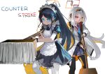  2girls absurdres apron aris_(blue_archive) aris_(maid)_(blue_archive) black_dress black_hair black_thighhighs blue_archive blue_eyes blue_necktie brown_hairband closed_mouth collared_shirt contrast_collar copyright_name counter-strike_(series) dokomon dress drop_shadow frilled_apron frills grey_hair grey_jacket grey_skirt hair_between_eyes hairband halo highres holding holding_mop jacket kei_(blue_archive) kei_(student)_(blue_archive) long_hair maid maid_apron maid_headdress mop multiple_girls necktie open_clothes open_jacket pantyhose pleated_skirt puffy_short_sleeves puffy_sleeves red_eyes shirt short_sleeves simple_background skirt swept_bangs thighhighs v-shaped_eyebrows very_long_hair white_apron white_background white_jacket white_pantyhose white_shirt 