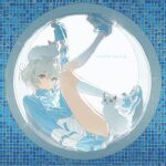  1girl absurdres bandaid bandaid_on_knee bandaid_on_leg bang_dream! bang_dream!_it's_mygo!!!!! blue_eyes blue_jacket blue_shoes blue_theme cat grey_hair hair_between_eyes heterochromia highres jacket kaname_raana looking_at_viewer no.0_fish raana_the_cat shoes short_hair sleeves_past_wrists socks solo tiles translation_request white_socks yellow_eyes 