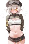  1girl absurdres bandeau belt black_belt black_collar blush breasts closed_mouth collar commentary_request commission cowboy_shot ear_piercing eyes_visible_through_hair flying_sweatdrops goggles goggles_on_headwear grey_hair grey_hat grey_shorts grey_shrug hair_between_eyes hat highres indie_virtual_youtuber large_breasts name_tag navel piercing sadukitsune shee_icho short_hair short_shorts shorts shrug_(clothing) simple_background skeb_commission solo spiked_collar spikes steaming_body stomach sweat virtual_youtuber white_background white_bandeau yellow_eyes 