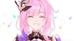  1girl black_shrug closed_eyes commentary_request elf elysia_(honkai_impact) elysia_(miss_pink_elf)_(honkai_impact) hair_ornament highres honkai_(series) honkai_impact_3rd long_hair pink_hair pointy_ears portrait raune_0897 shrug_(clothing) simple_background smile solo 