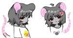  1girl 2000s_(style) ahoge anger_vein animal_ears bare_shoulders buck_teeth commentary cropped_torso detached_ahoge english_commentary furry furry_female grey_hair kudryavkanoumis2008 looking_at_viewer microsoft_paint_(medium) mouse_ears mouse_girl mouse_print mouse_tail multiple_views oekaki off-shoulder_shirt off_shoulder original red_eyes shirt short_hair simple_background tail teeth white_background white_shirt 