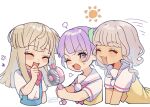  3girls :3 ^_^ blonde_hair blush_stickers bow bowtie brown_hair closed_eyes commentary dark-skinned_female dark_skin dated eyelashes fang hand_fan highres holding holding_fan kashi_ore_3 laughing long_hair manaka_non manaka_non_(normal) mole mole_on_cheek multiple_girls neckerchief one_eye_closed open_mouth paprika_private_academy_school_uniform pink_bow pink_bowtie pink_neckerchief pretty_series pripara purple_eyes purple_hair sailor_collar sailor_shirt school_uniform shirt signature simple_background smile summer_uniform sun_symbol sweat taiyo_pepper tsukikawa_chili tsukikawa_chili_(normal) untranslatable_commentary vest white_background white_shirt yellow_vest 
