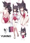  1girl alternate_costume animal_ear_fluff animal_ears bag bare_arms bare_back bare_shoulders black_hair blue_archive blush breasts closed_mouth commentary_request extra_ears fox_ears fox_girl halo hand_on_own_hip highres holding holding_bag inapple jacket korean_commentary long_hair one-piece_swimsuit open_clothes open_jacket pink_bag ponytail red_eyes red_halo red_one-piece_swimsuit sandals shirt sleeveless sleeveless_shirt swimsuit thigh_strap tied_shirt toes wet wet_clothes wet_shirt white_jacket white_shirt yukino_(blue_archive) 