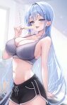  1girl absurdres arm_support bare_arms bare_shoulders black_shrug blue_hair blue_nails blurry blurry_background blush breasts cleavage collarbone commentary_request dolphin_shorts dress food grey_sports_bra hair_intakes hair_ornament hairclip hand_up highres holding holding_food holding_popsicle indoors large_breasts light_particles long_hair long_sleeves melting_popsicle midriff nail_polish navel open_mouth original paid_reward_available popsicle short_dress shorts shrug_(clothing) sidelocks solo sports_bra standing sweat teeth thighs tongue tongue_out translation_request upper_teeth_only very_long_hair window x_hair_ornament yu_lei 