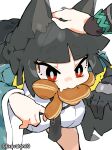  1girl animal_ear_fluff animal_ears aqua_jacket black_gloves black_hair black_necktie blunt_bangs breasts comically_large_ears commentary eating food fox_ears fox_girl gauntlets gloves headpat hoshimi_miyabi jacket long_hair looking_at_object necktie open_clothes open_jacket pancake pancake_stack red_eyes shirt sidelocks sima_(startwitch) single_gauntlet single_glove solo syrup thick_eyebrows thighs white_shirt zenless_zone_zero 