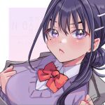  1girl :< black_hair bow bowtie breasts commentary_request fushida_rana grey_jacket hair_bun hair_ornament hair_over_shoulder hairclip jacket kimi_no_koto_ga_dai_dai_dai_dai_daisuki_na_100-nin_no_kanojo large_breasts light_blush long_hair looking_at_viewer mole mole_under_eye ohananomitsu_middle_school_uniform open_clothes open_jacket portrait purple_background purple_eyes purple_sweater_vest red_bow red_bowtie school_uniform shirt signature simple_background solo sweater_vest syuuka617 watermark white_shirt 