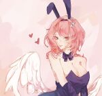  1girl animal_ears bare_shoulders black_leotard breasts cleavage commentary english_commentary fake_animal_ears heart highres large_breasts leotard looking_at_viewer medium_hair pink_background pink_eyes pink_hair playboy_bunny rabbit_ears remielle_dan solo white_wings wings xiaopastry zenless_zone_zero 