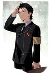  1boy armband black_hair black_pants black_ribbon briefcase commentary_request cropped_legs dress_shirt hand_on_own_head holding holding_briefcase isa_(peien516) male_focus neck_ribbon odagiri_hidetoshi pants persona persona_3 ribbon shirt solo standing wet wet_hair white_shirt yellow_armband 