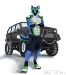  4_toes abs blue_fur claws clothing crossed_arms fur hi_res hummer looking_at_viewer male muscles navel nightenscythe paws plain_background shorts solo standing topless white_background yellow_eyes 