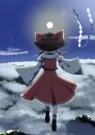  1girl absurdres blue_sky bow brown_hair cloud commentary_request day detached_sleeves facing_away frilled_bow frilled_hair_tubes frills from_behind full_body gasubanana gohei hair_bow hair_tubes hakurei_reimu highres holding holding_gohei long_hair outdoors red_bow red_skirt ribbon-trimmed_skirt ribbon_trim skirt skirt_set sky solo sun touhou 