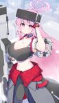  1girl absurdres black_sports_bra blue_archive breasts cleavage coat_around_waist commentary eimi_(armed)_(blue_archive) eimi_(blue_archive) git_(git_giit) grey_sports_bra gun halo head-mounted_display head-mounted_display_lift highres holding holding_gun holding_weapon large_breasts long_hair looking_at_viewer navel official_alternate_costume pink_hair pink_halo railgun solo sports_bra visor_lift weapon 
