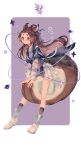  1girl animal_ears ankle_boots back_bow bare_legs black_socks boots border bow brown_hair brown_tail chinese_clothes chinese_commentary closed_mouth commentary commentary_request curtained_hair ear_tufts filled_yogurt flower hair_bow hair_bun hair_flower hair_ornament hair_stick hanfu highres jewelry lace-trimmed_socks long_hair long_sleeves looking_at_viewer nail_polish necklace original outside_border planet purple_background purple_bow purple_eyes purple_hanfu purple_nails saturn_(planet) simple_background single_hair_bun sitting_on_own_tail smile socks solo squirrel_ears squirrel_girl squirrel_tail star_(symbol) stick tail two-tone_background two-tone_tail very_long_hair white_tail 