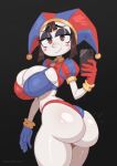  1girl absurdres alternate_ass_size_(larger) alternate_breast_size_(larger) ass asymmetrical_gloves bikini black_background blue_eyes blue_gloves blush breasts brown_hair cleavage closed_mouth commentary english_commentary from_behind from_side gloves hat highres holding holding_phone jester_cap large_breasts looking_at_viewer makeup medium_hair mismatched_gloves multicolored_bikini multicolored_eyes phone pomni_(the_amazing_digital_circus) red_bikini red_eyes red_gloves simple_background smile solo swimsuit the_amazing_digital_circus two-tone_bikini two-tone_eyes velmoraart 